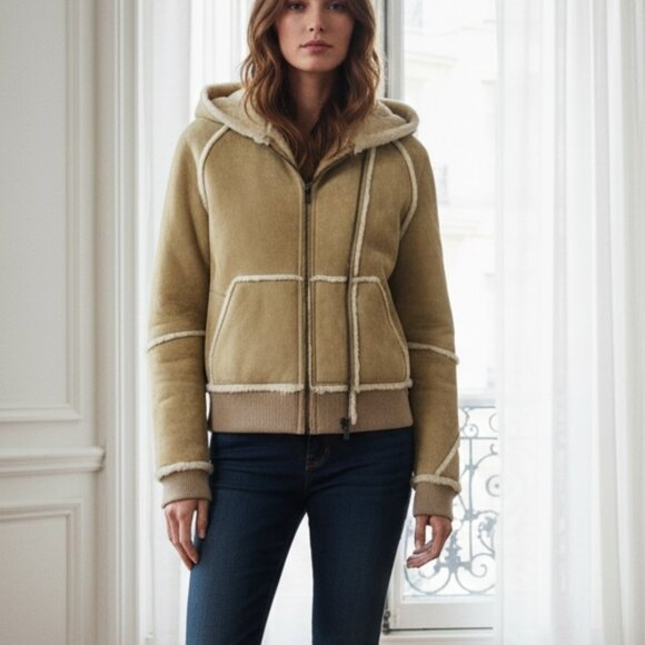 Ugg Tan Suede Fur Lined Hooded Zip Front Jacket Small - Picture 1 of 14